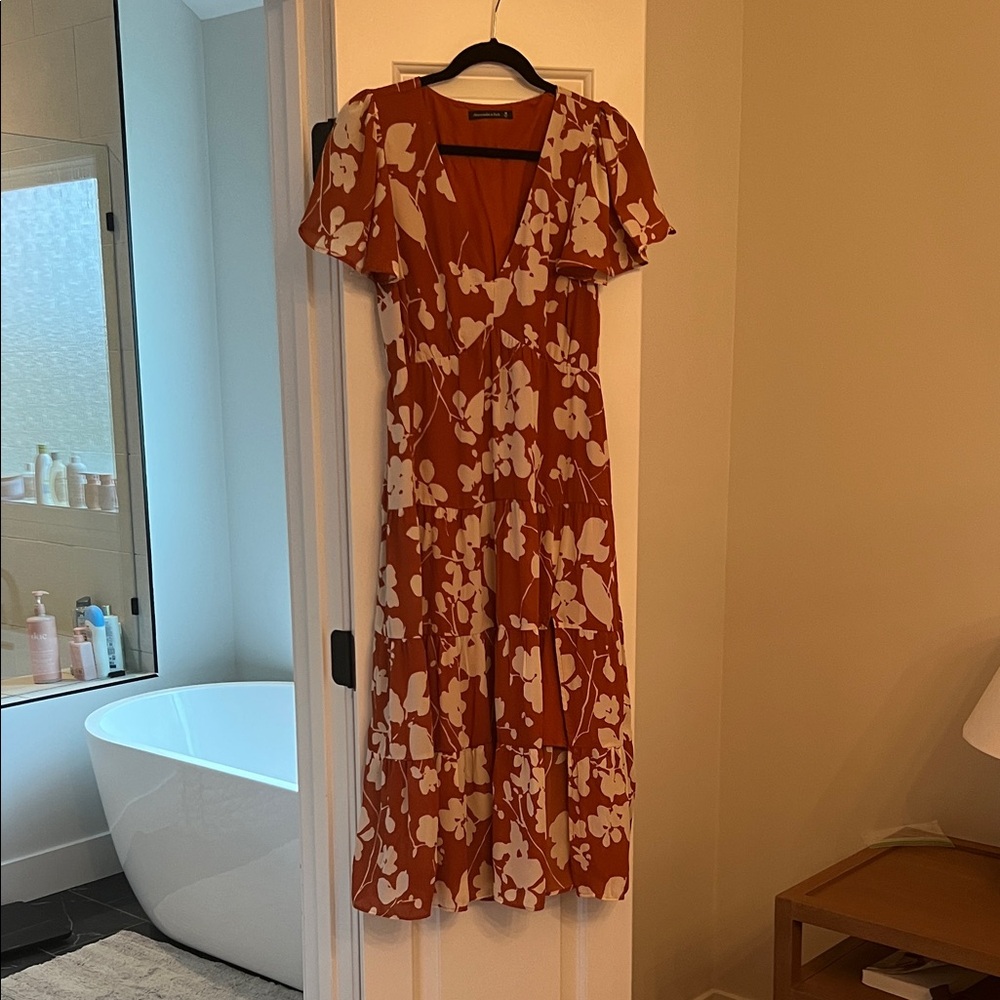 Rust and Cream Floral Midi Dress